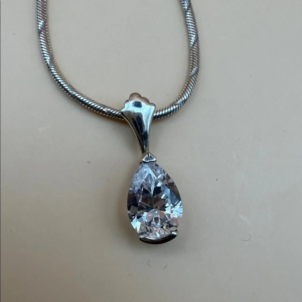 Vintage Sterling Stamped Silver Necklace with cz diamond Teardrop Pendant 3.4 ct - Picture 7 of 8